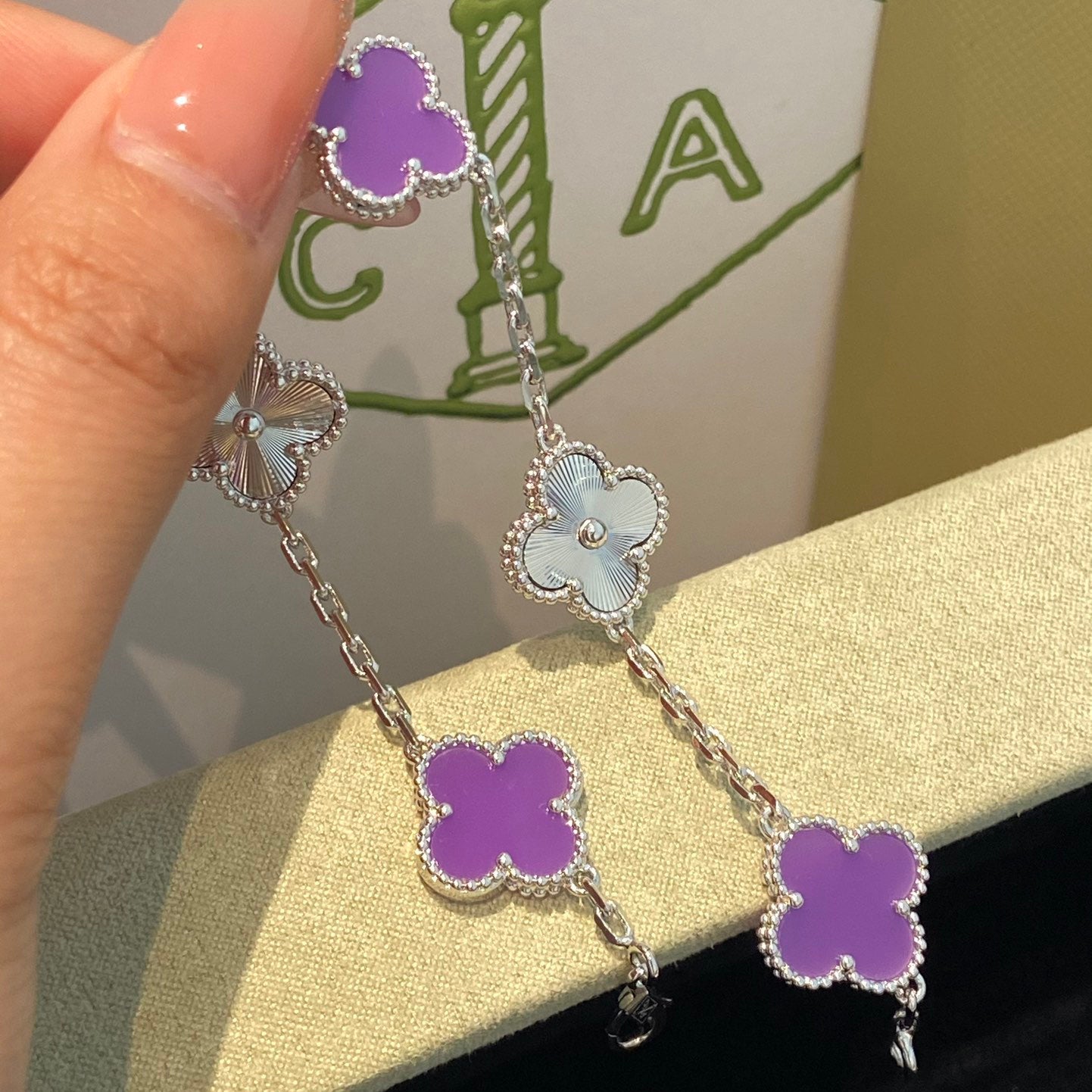 [Perla Lux]CLOVER  5 MOTIFS  PURPLE VIOLET BRACELET SILVER