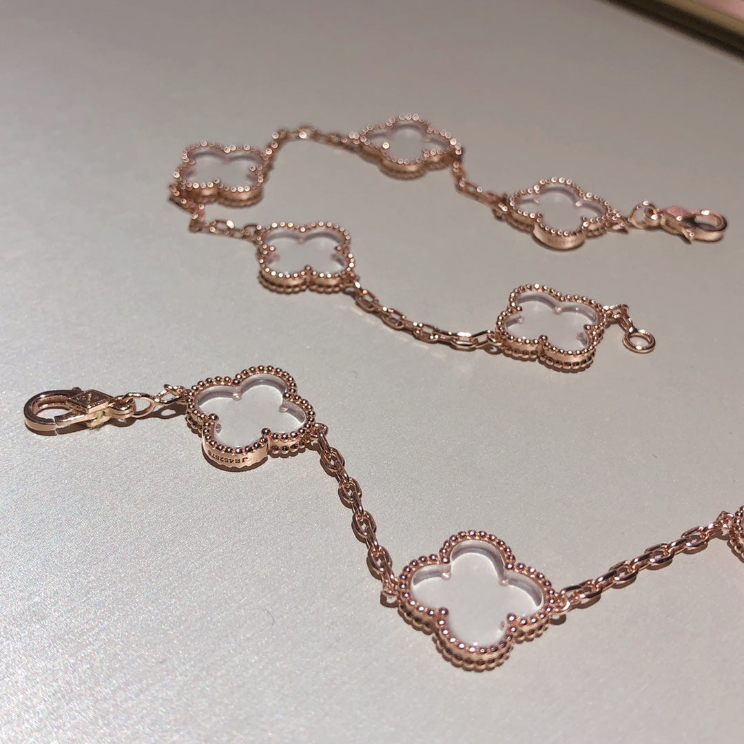 [Perla Lux]CLOVER 5 MOTIF ROCK CRYSTAL PINK GOLD BRACELET