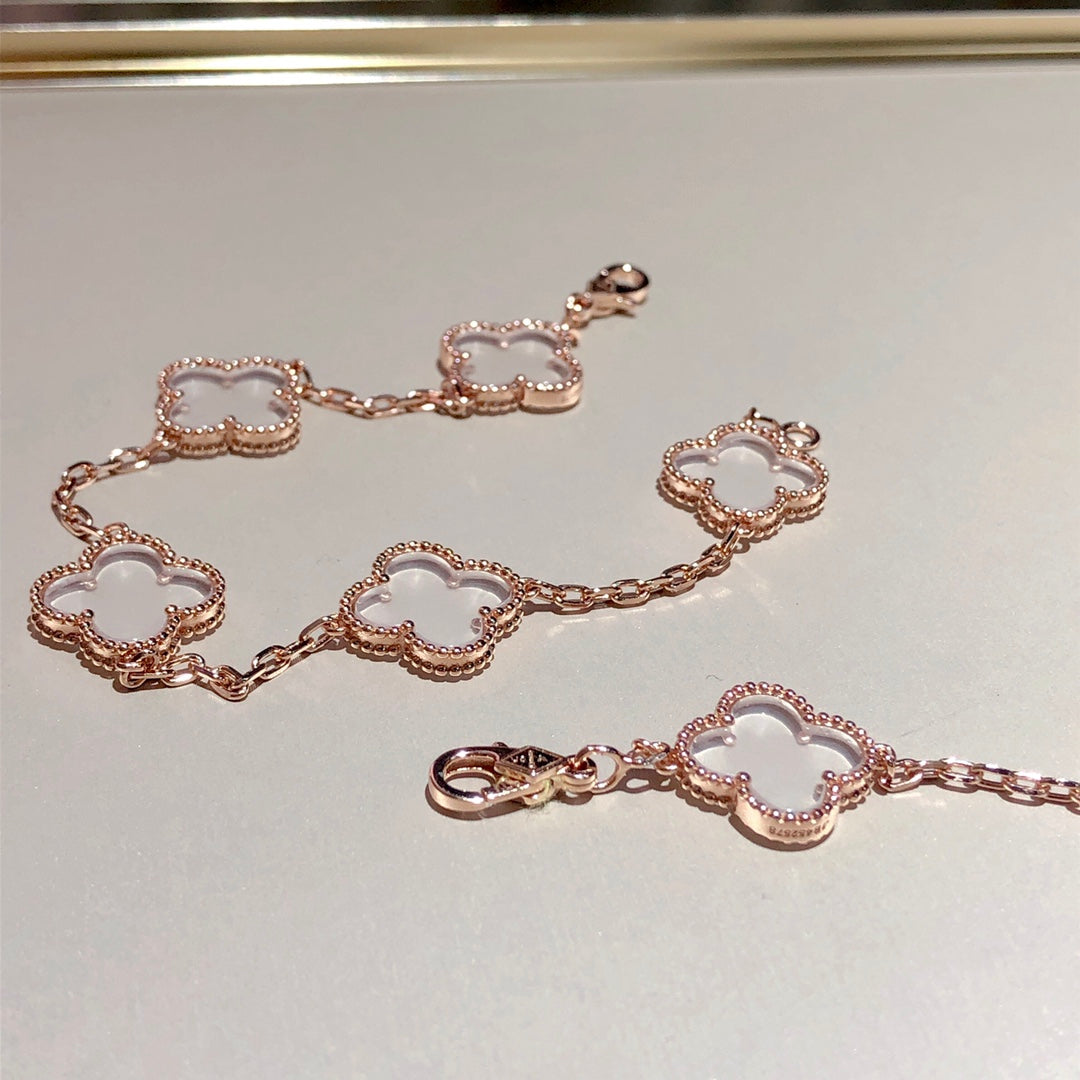 [Perla Lux]CLOVER 5 MOTIF ROCK CRYSTAL PINK GOLD BRACELET