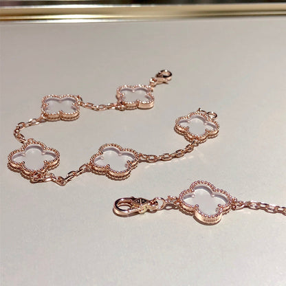 [Perla Lux]CLOVER 5 MOTIF ROCK CRYSTAL PINK GOLD BRACELET