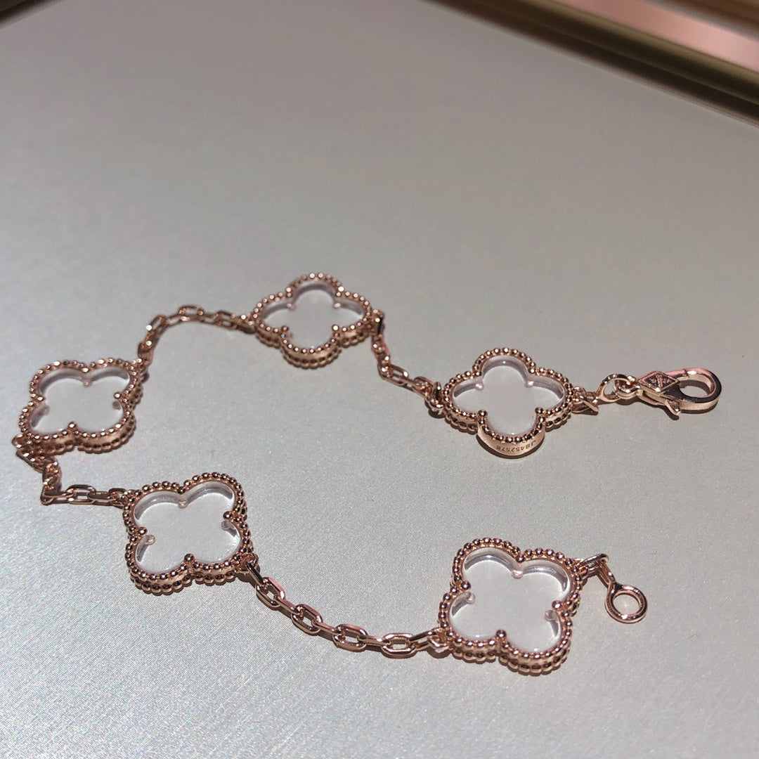 [Perla Lux]CLOVER 5 MOTIF ROCK CRYSTAL PINK GOLD BRACELET