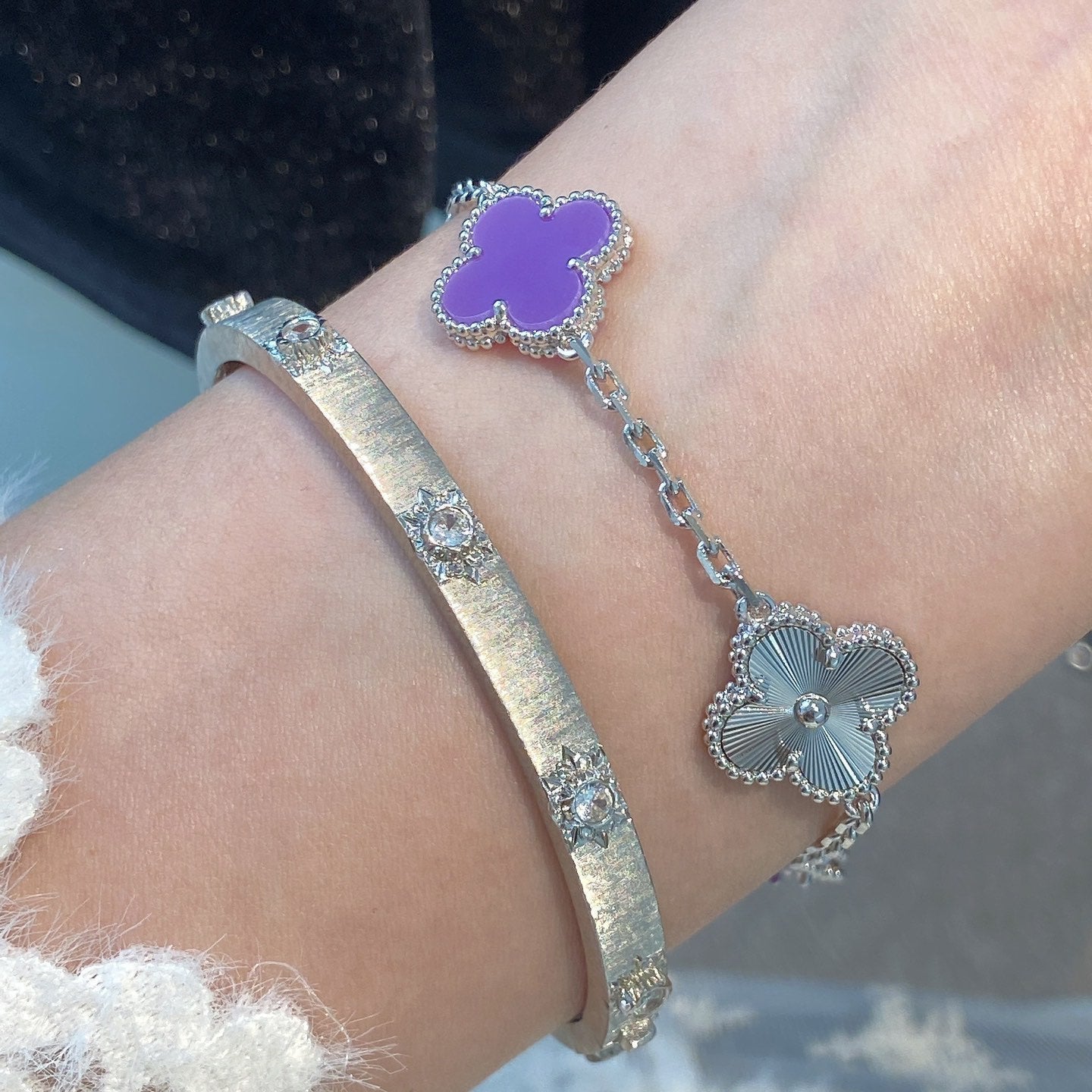 [Perla Lux]CLOVER  5 MOTIFS  PURPLE VIOLET BRACELET SILVER