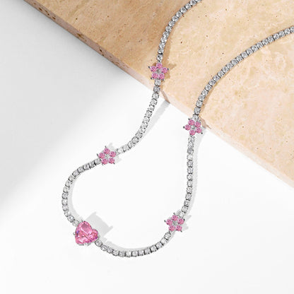 [Perla Lux]Dazzling Pink Heart Flower Necklace