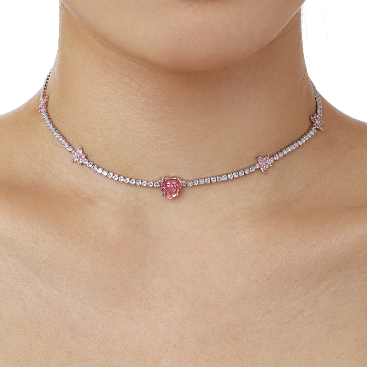 [Perla Lux]Dazzling Pink Heart Flower Necklace