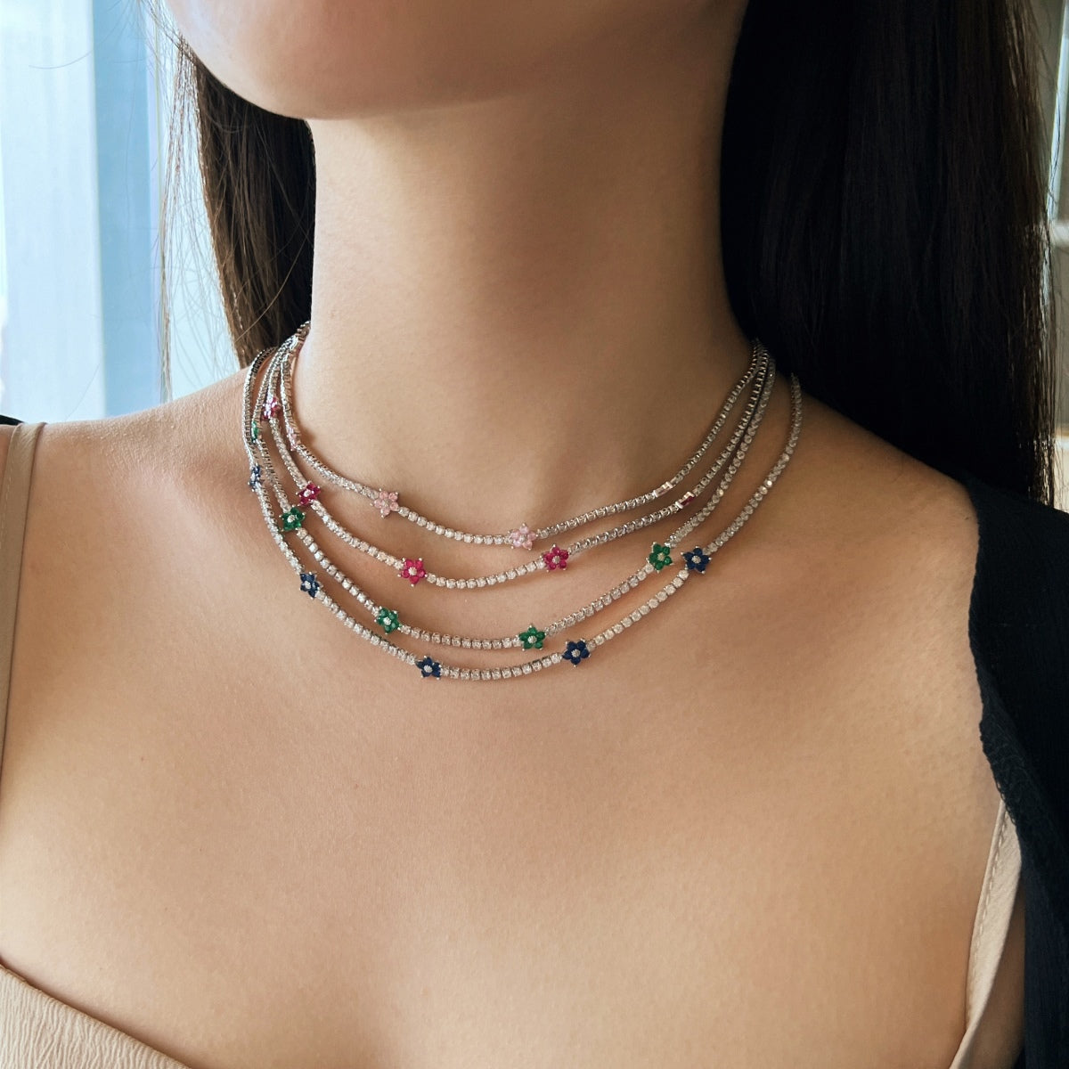 [Perla Lux]Luxurious Colorful Flower Tennis Necklace