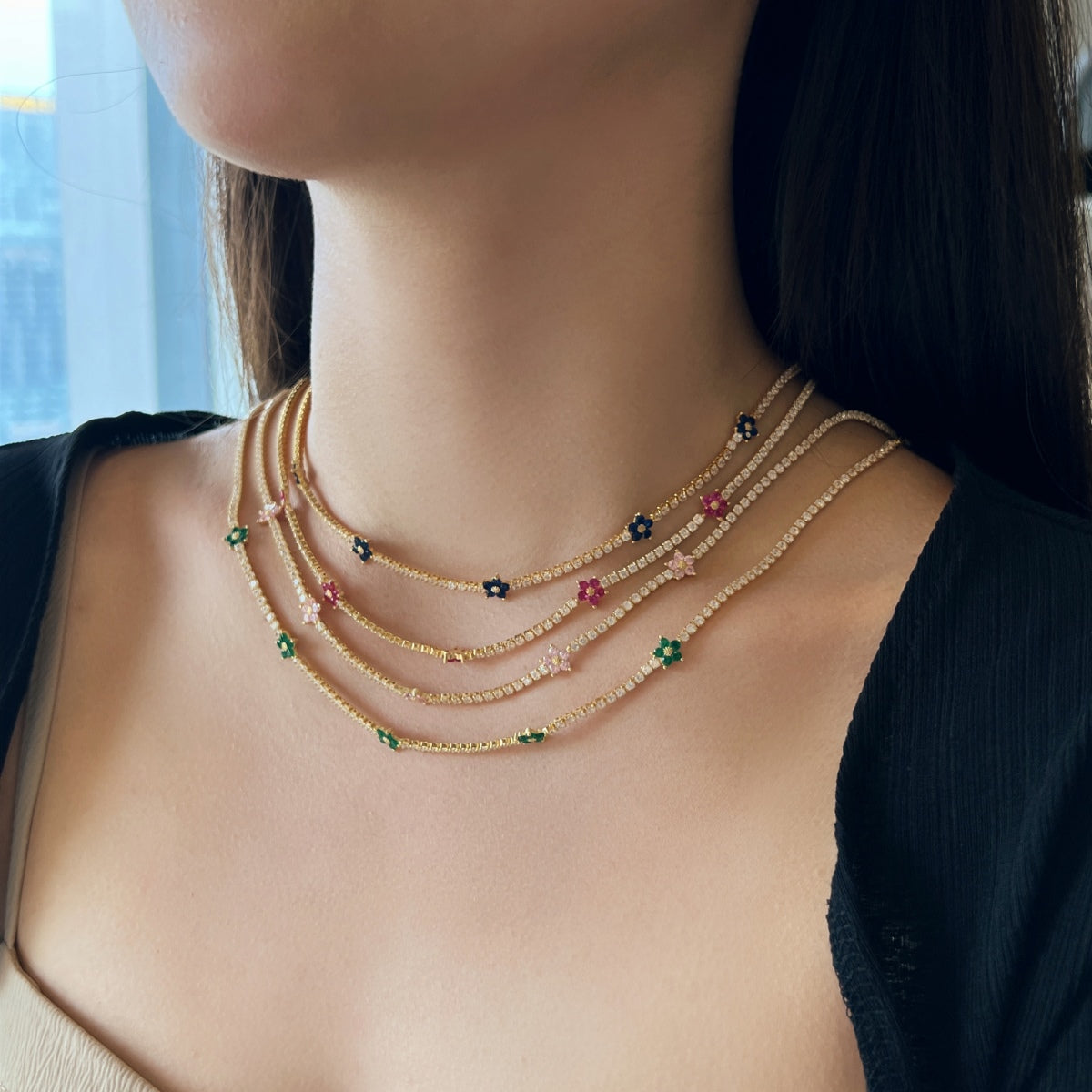[Perla Lux]Luxurious Colorful Flower Tennis Necklace