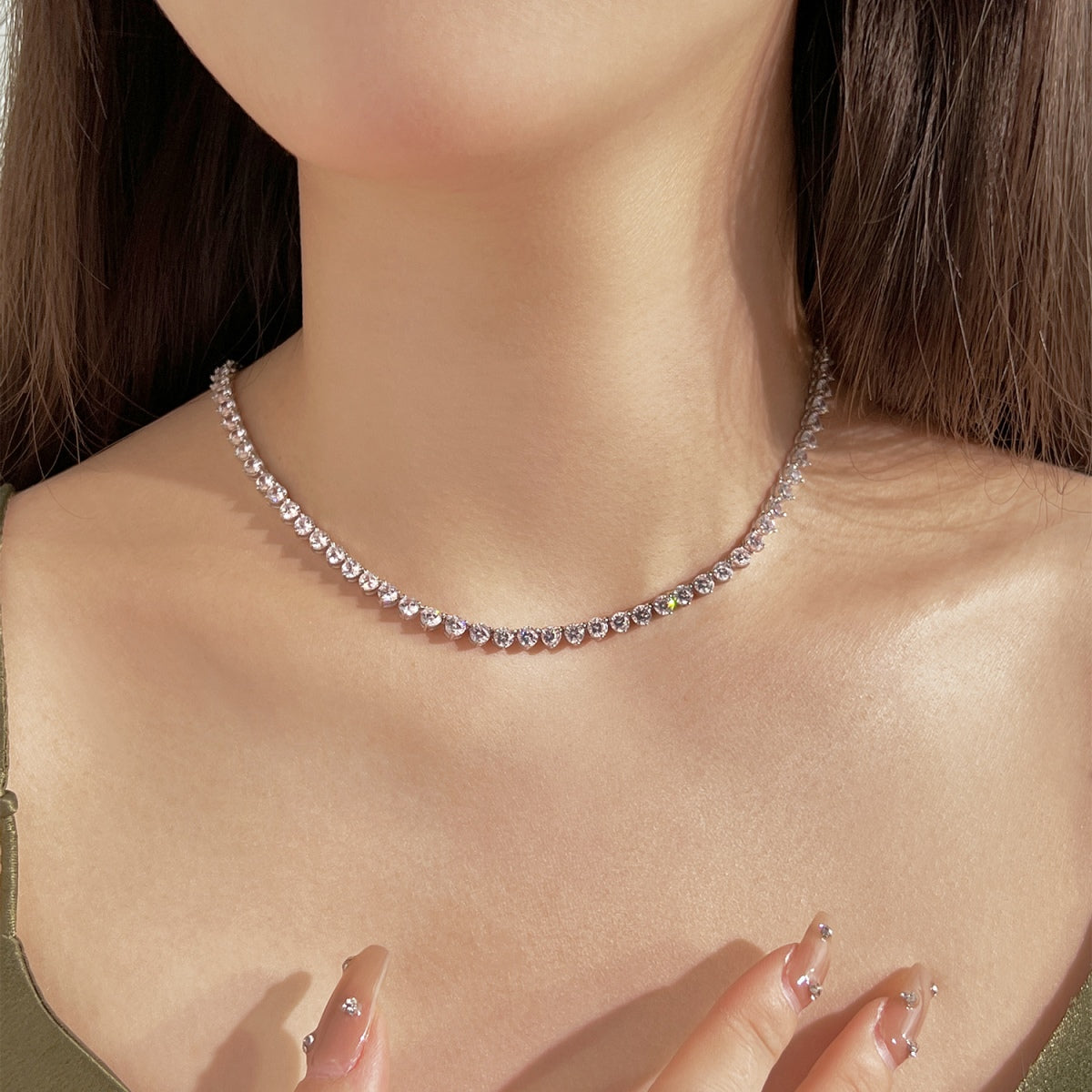[Perla Lux]Ornate Heart Cut Tennis Necklace
