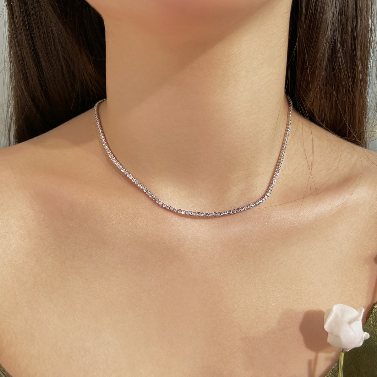 [Perla Lux]Delicate Round Shape Tennis Necklace