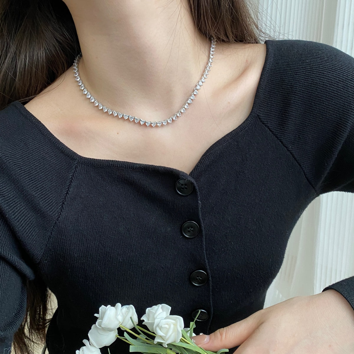 [Perla Lux]Ornate Heart Cut Tennis Necklace