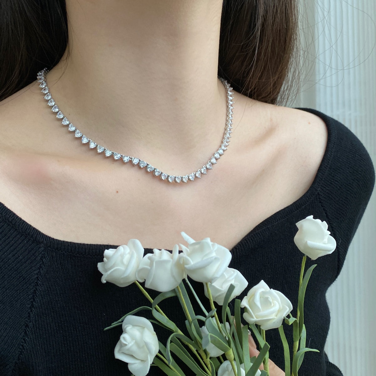 [Perla Lux]Ornate Heart Cut Tennis Necklace