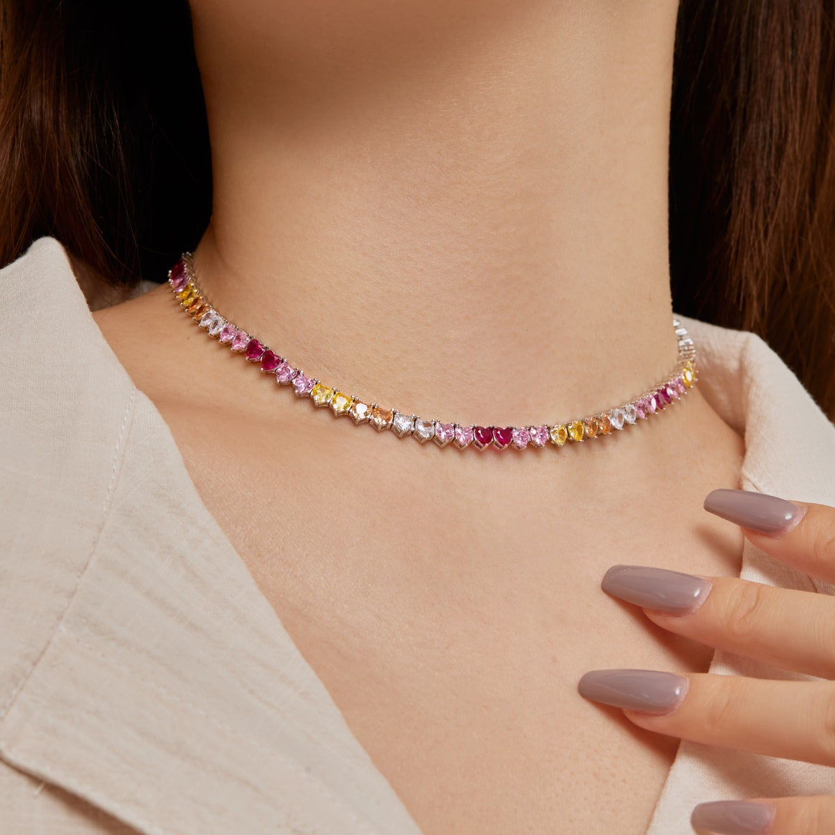 [Perla Lux]Sparkling Colorful Full Heart Tennis Necklace