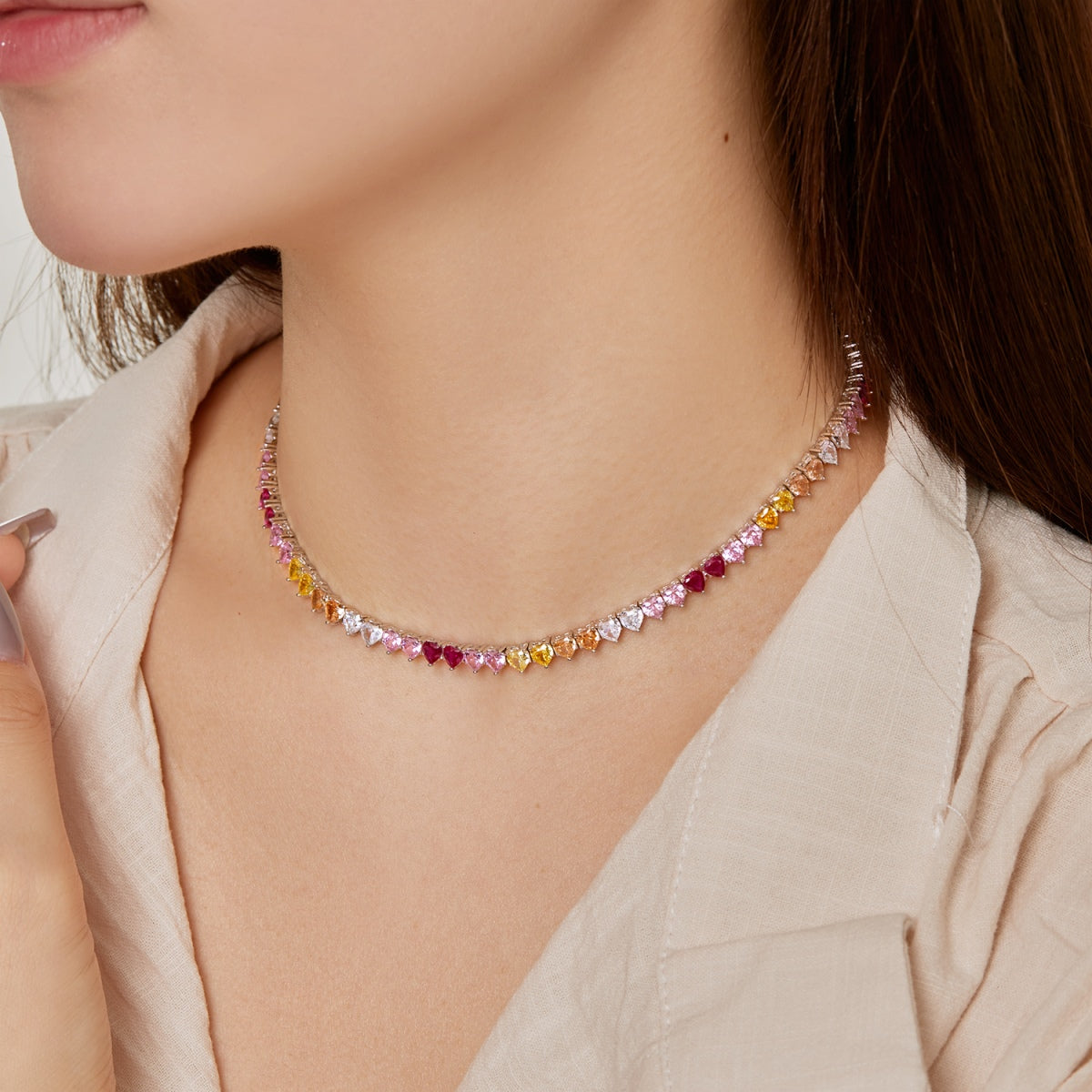 [Perla Lux]Sparkling Colorful Full Heart Tennis Necklace