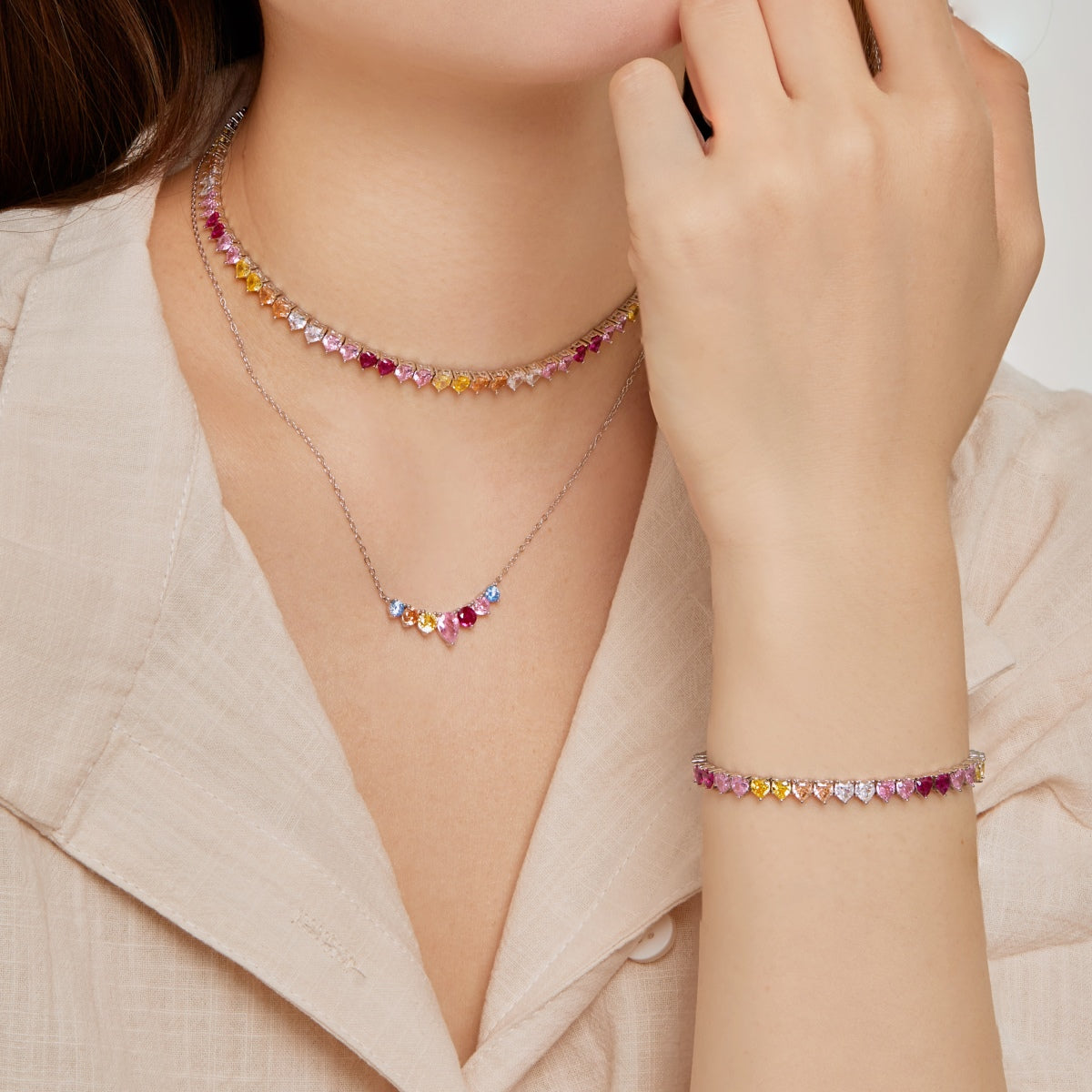 [Perla Lux]Sparkling Colorful Full Heart Tennis Necklace