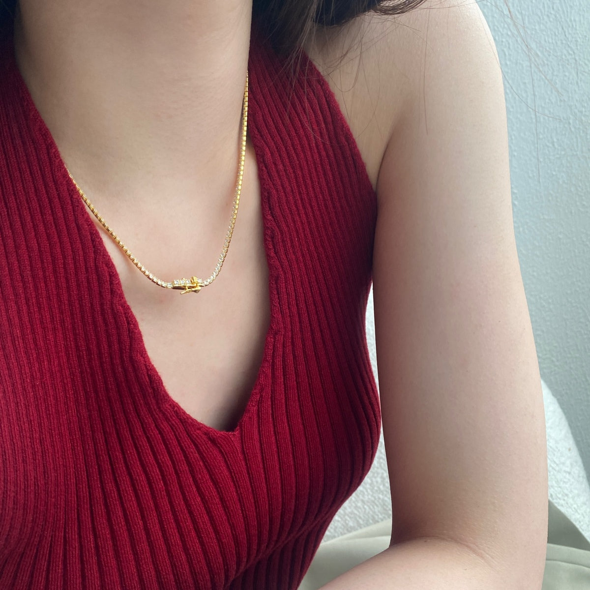 [Perla Lux]Delicate Round Shape Tennis Necklace