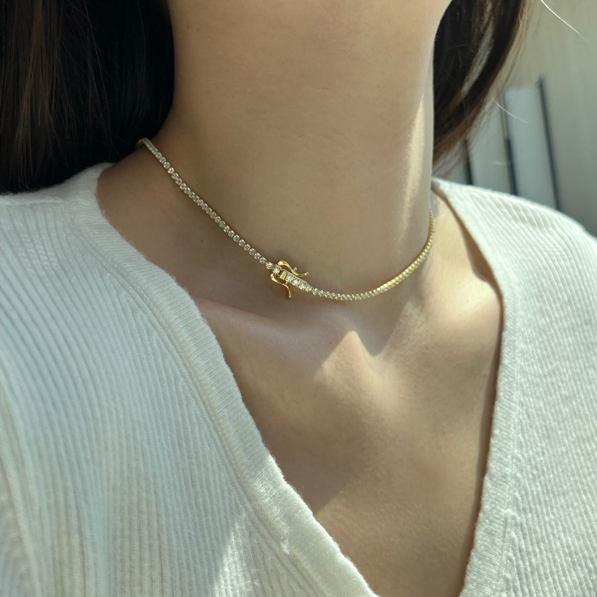[Perla Lux]Delicate Round Shape Tennis Necklace