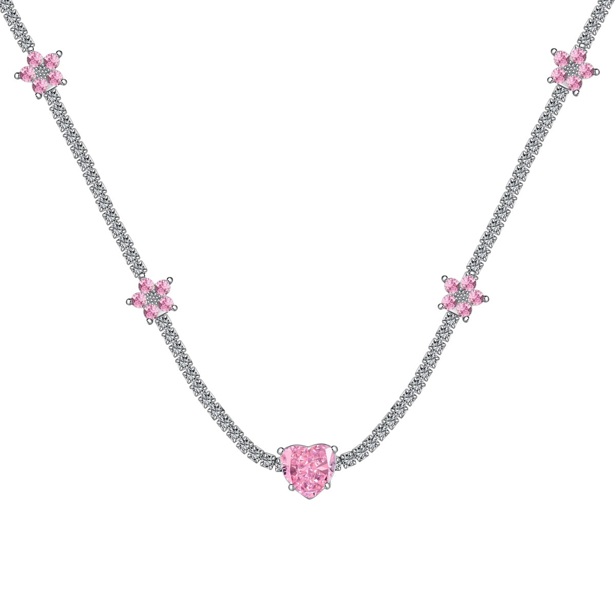 [Perla Lux]Dazzling Pink Heart Flower Necklace