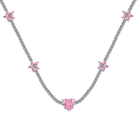 [Perla Lux]Dazzling Pink Heart Flower Necklace