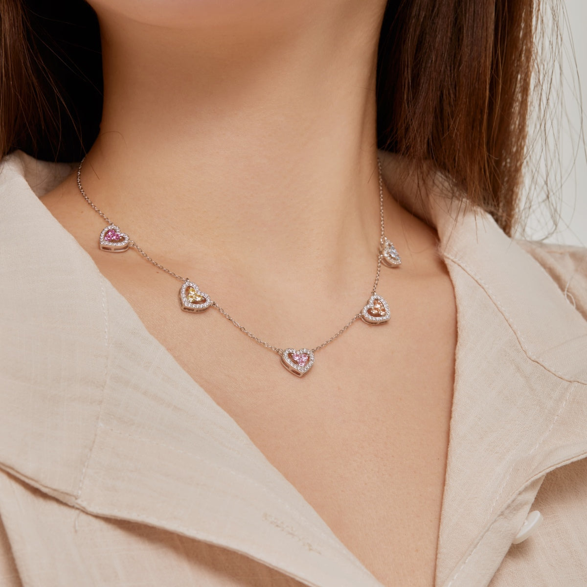 [Perla Lux]Sparkling Five Heart Necklace