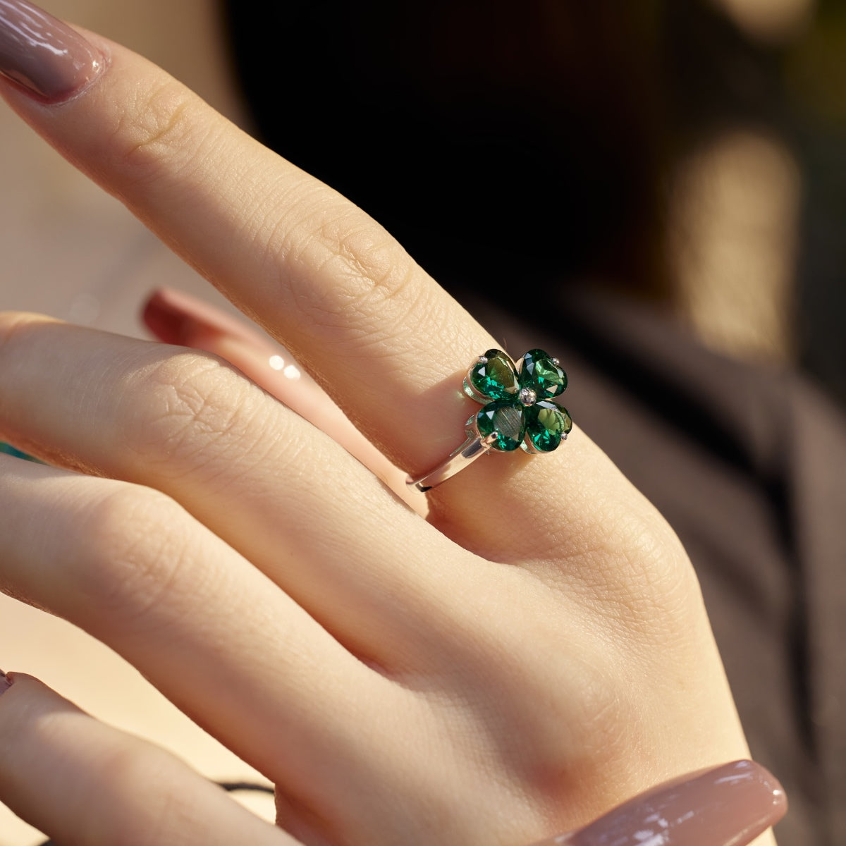 [Perla Lux]Heart-shaped Four-Leaf Clover Ball Ring