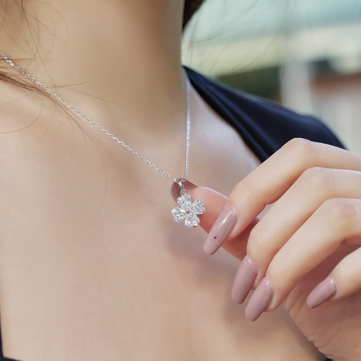 [Perla Lux]Heart-Shaped Four-Leaf Clover Bead Necklace