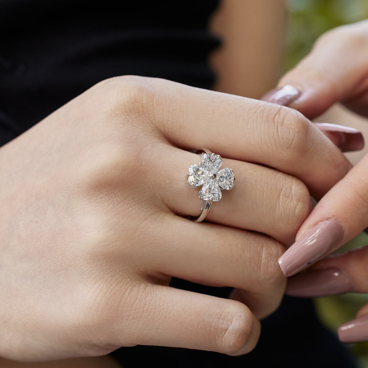 [Perla Lux]Heart-shaped Four-Leaf Clover Ball Ring