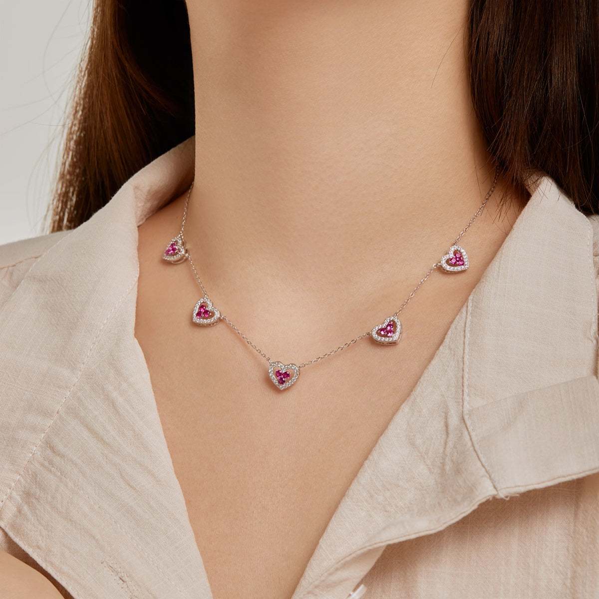 [Perla Lux]Sparkling Five Heart Necklace