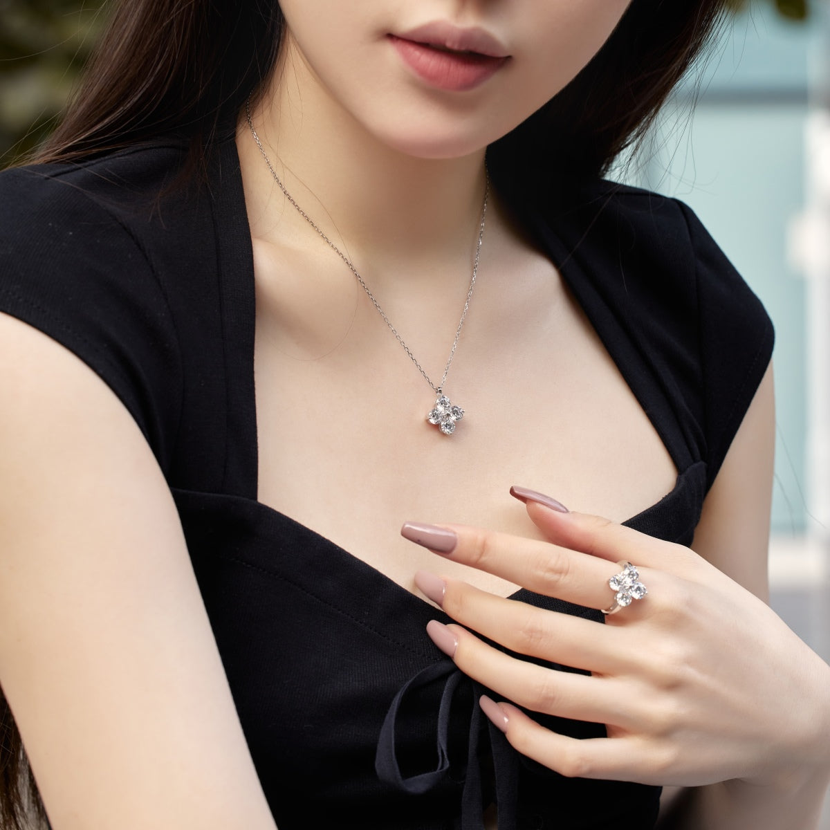 [Perla Lux]Four-Leaf Clover And Eight-Pointed Star Necklace