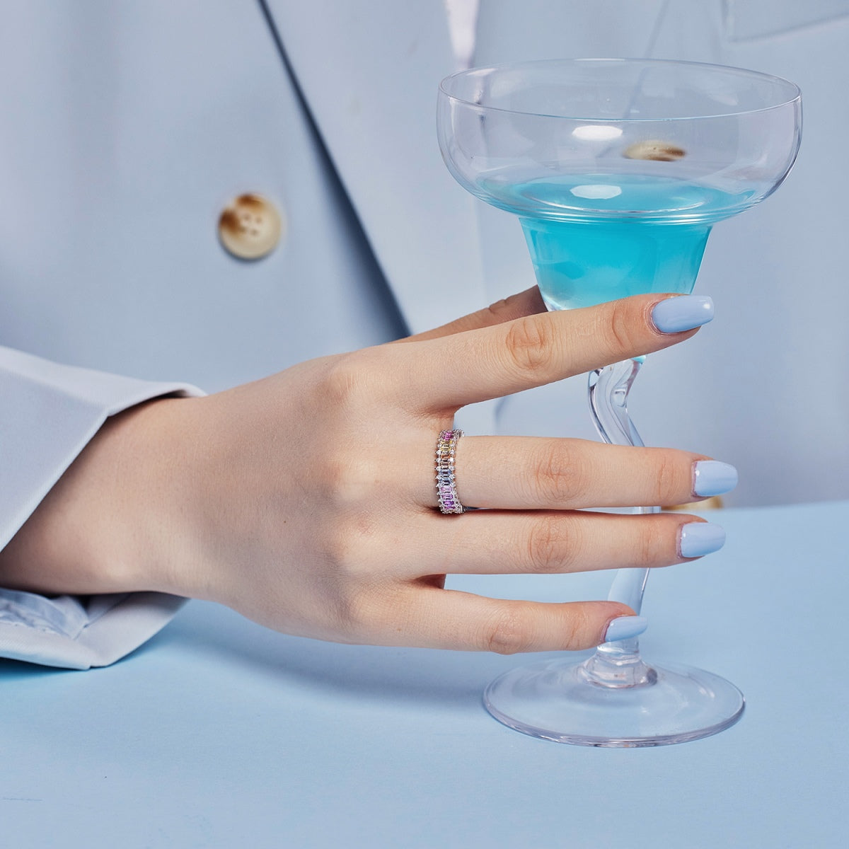 [Perla Lux]Splashy Ornate Emerald Cut Cocktail Ring