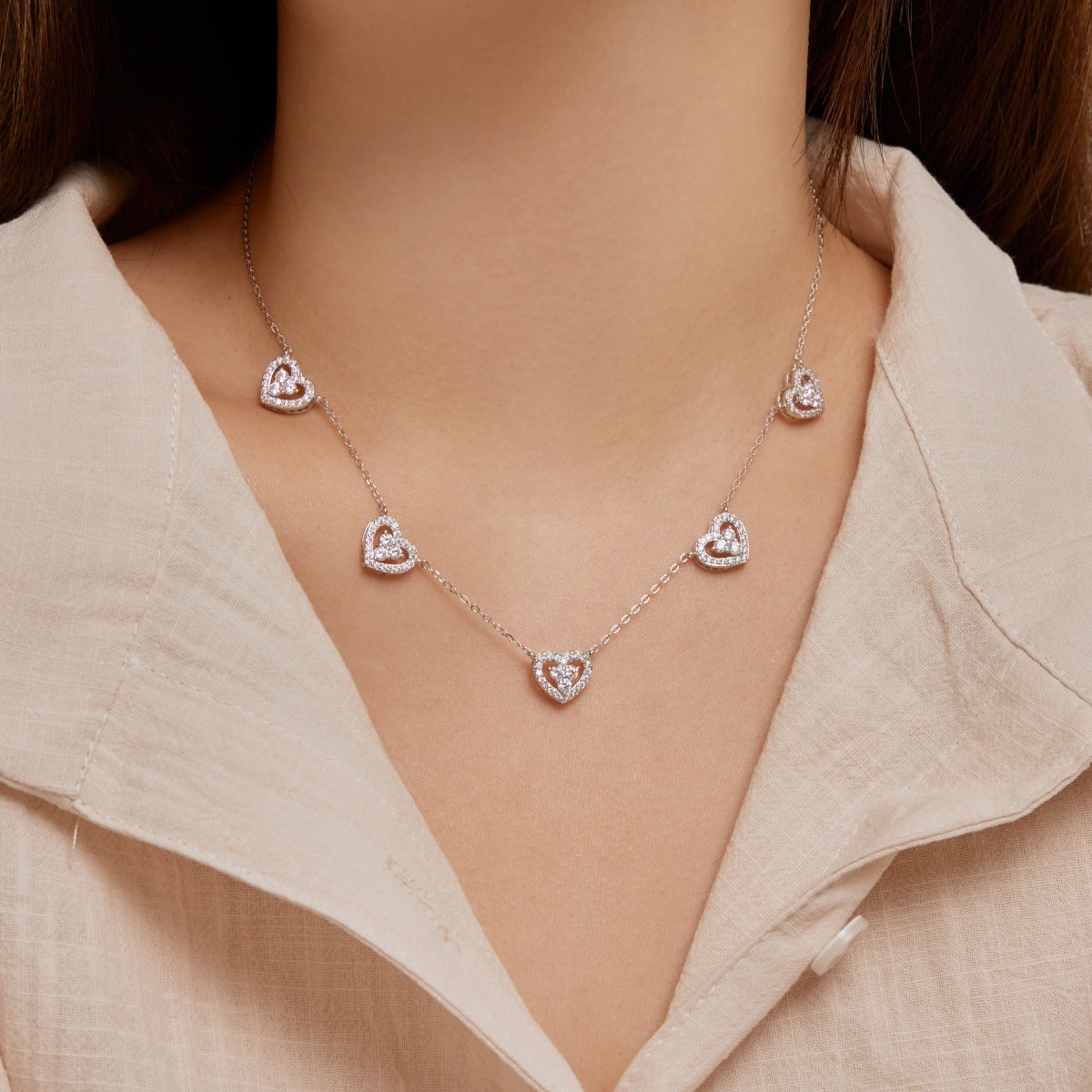 [Perla Lux]Sparkling Five Heart Necklace