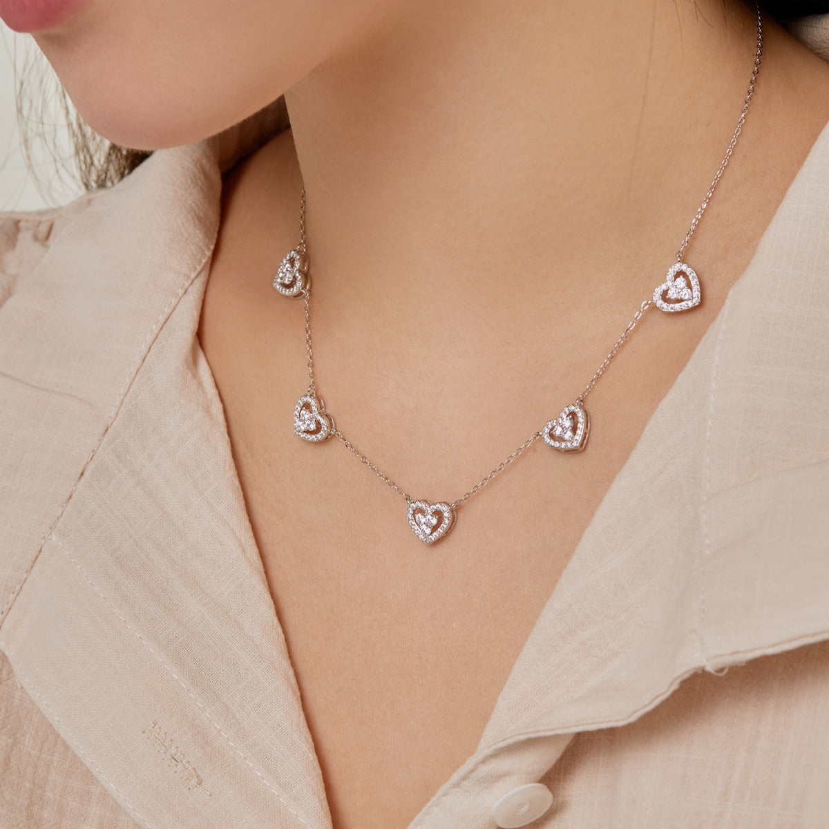 [Perla Lux]Sparkling Five Heart Necklace