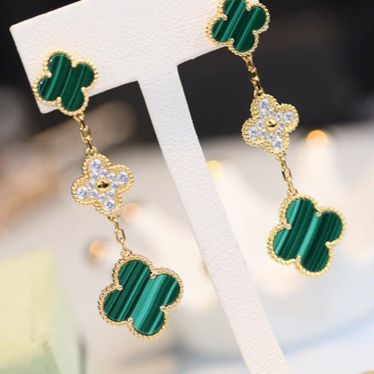 [Perla Lux]CLOVER EARRINGS GOLD MALACHITE DIAMOND 3 MOTIF