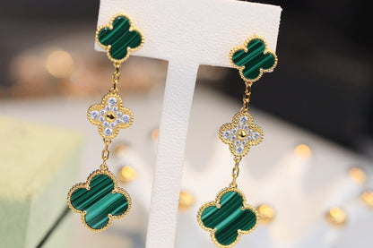 [Perla Lux]CLOVER EARRINGS GOLD MALACHITE DIAMOND 3 MOTIF