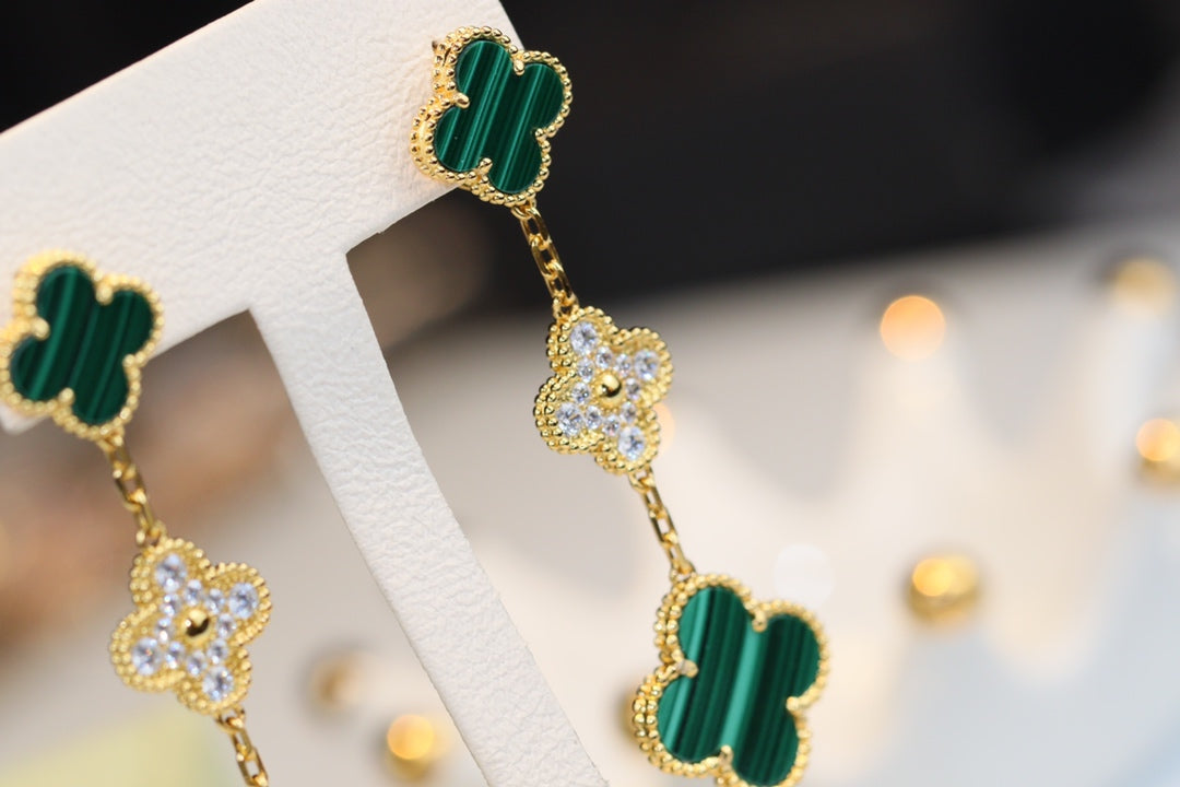[Perla Lux]CLOVER EARRINGS GOLD MALACHITE DIAMOND 3 MOTIF