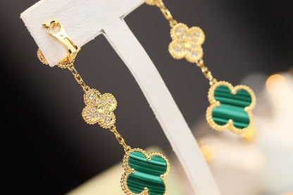 [Perla Lux]CLOVER EARRINGS GOLD MALACHITE DIAMOND 3 MOTIF