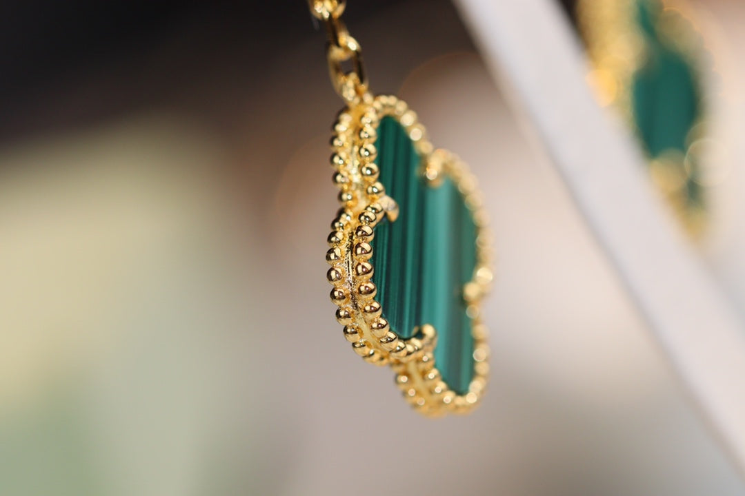 [Perla Lux]CLOVER EARRINGS GOLD MALACHITE DIAMOND 3 MOTIF