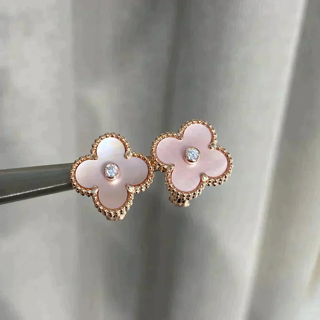 [Perla Lux]CLOVER MEDIUM 1 MOTIFS  PINK MOP DIAMOND EARRINGS
