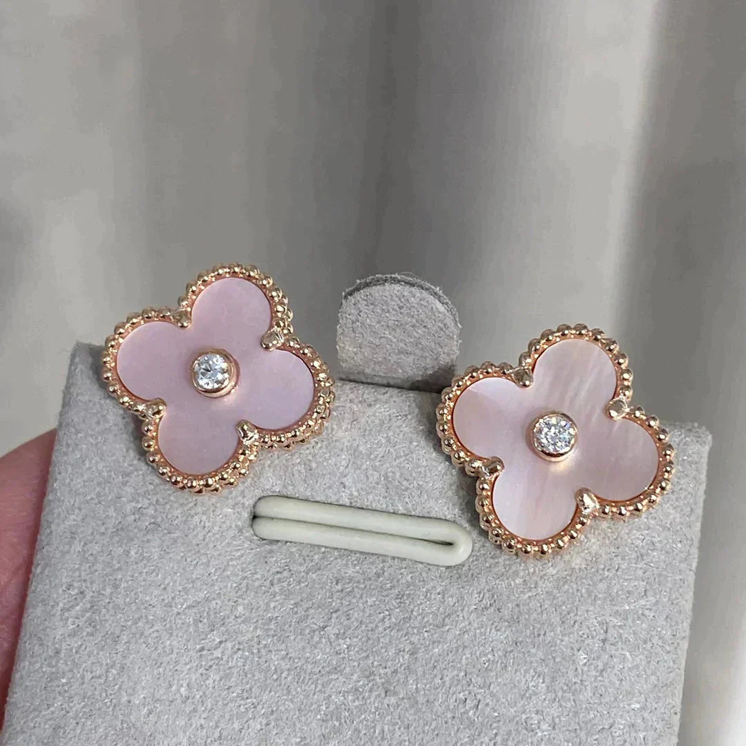 [Perla Lux]CLOVER MEDIUM 1 MOTIFS  PINK MOP DIAMOND EARRINGS