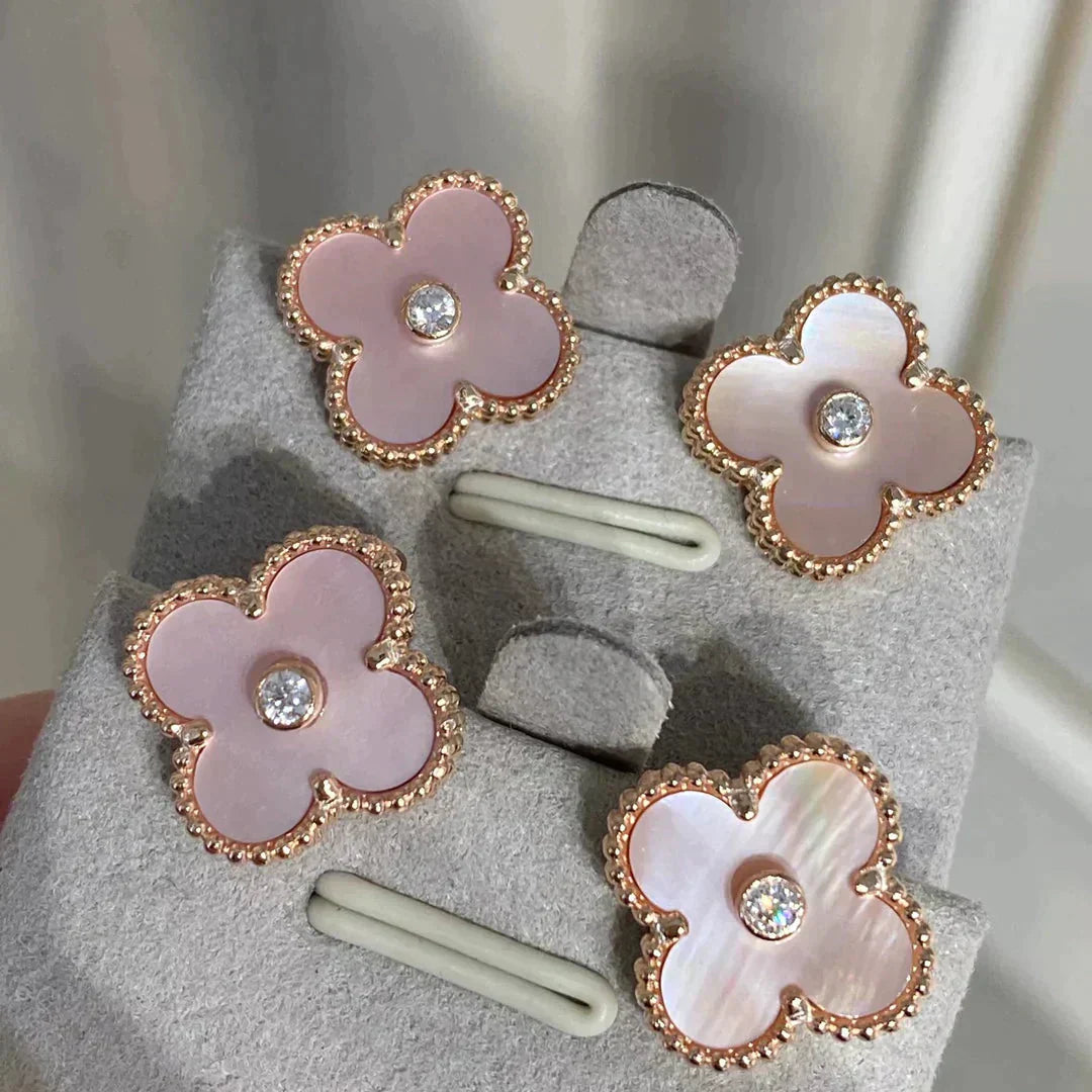 [Perla Lux]CLOVER MEDIUM 1 MOTIFS  PINK MOP DIAMOND EARRINGS