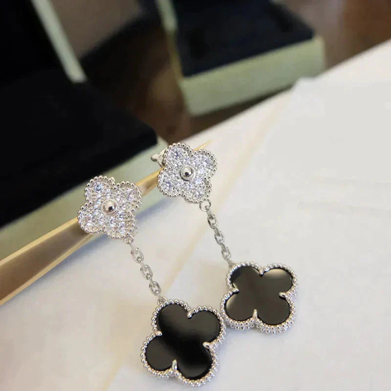 [Perla Lux]CLOVER 2 MOTIFS  DIAMOND ONYX EARRINGS SILVER