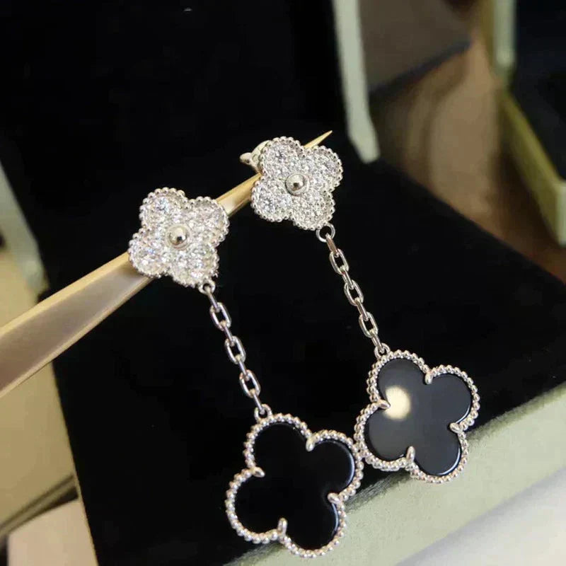 [Perla Lux]CLOVER 2 MOTIFS  DIAMOND ONYX EARRINGS SILVER
