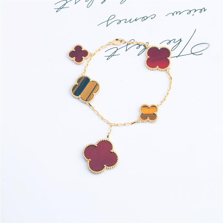 [Perla Lux]CLOVER BRACELET 5 MOTIFS CARNELIAN TIGER EYE