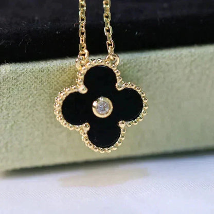 [Perla Lux]CLOVER 15MM DIAMOND ONYX NECKLACE