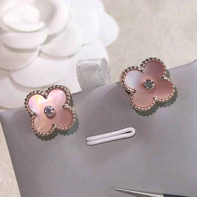 [Perla Lux]CLOVER MEDIUM 1 MOTIFS  PINK MOP DIAMOND EARRINGS