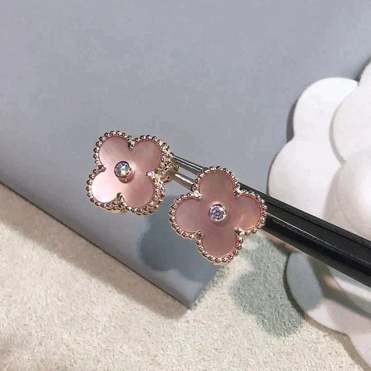 [Perla Lux]CLOVER MEDIUM 1 MOTIFS  PINK MOP DIAMOND EARRINGS