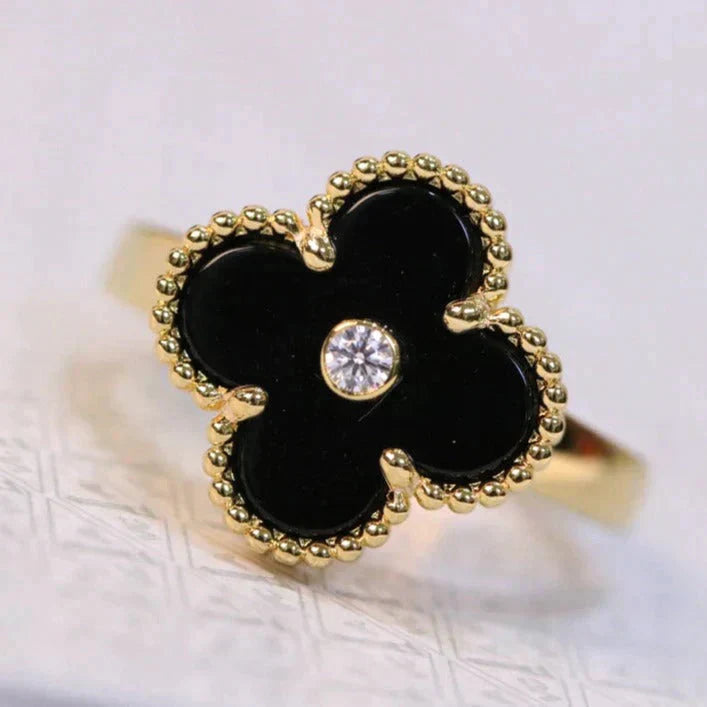 [Perla Lux]CLOVER ONYX RING GOLD DIAMOND
