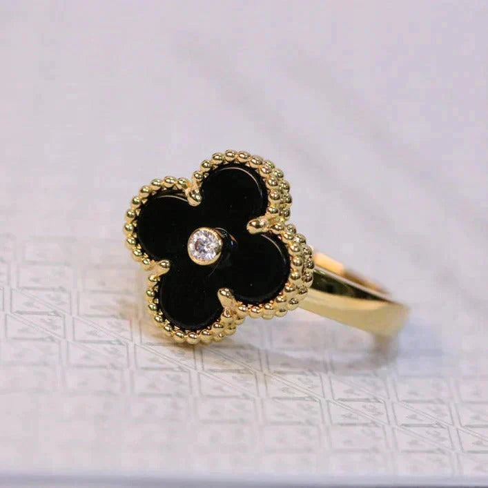 [Perla Lux]CLOVER ONYX RING GOLD DIAMOND