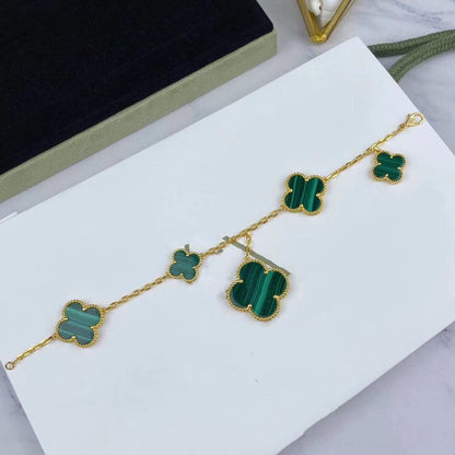 [Perla Lux]MAGIC CLOVER MALACHITE GOLD BRACELET 5 MOTIFS