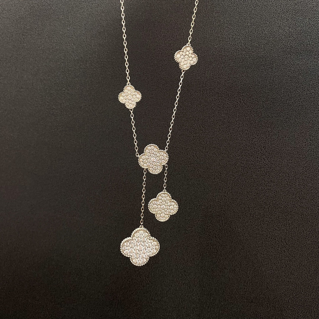 [Perla Lux]CLOVER 5 MOTIFS SILVER DIAMONDS NECKLACE