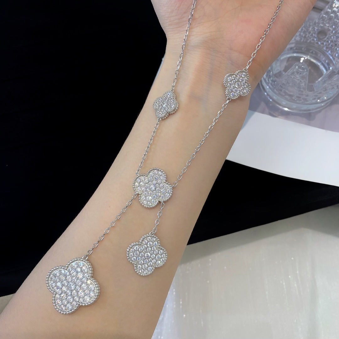 [Perla Lux]CLOVER 5 MOTIFS SILVER DIAMONDS NECKLACE