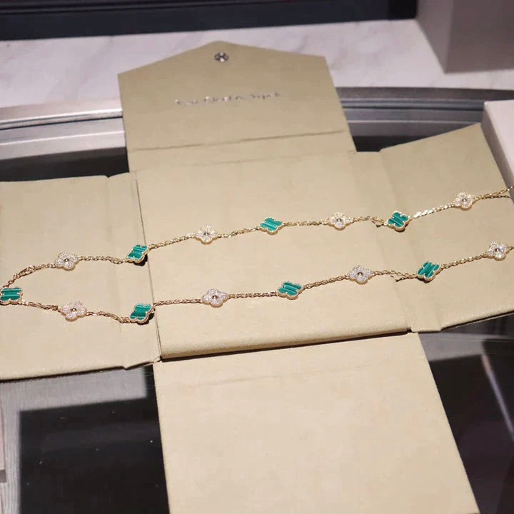 [Perla Lux]CLOVER 20 MOTIFS MALACHITE DIAMOND NECKLACE